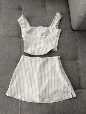 White Pinstripe Square-Neck Crop Top with Navy Stripes and matching skirt